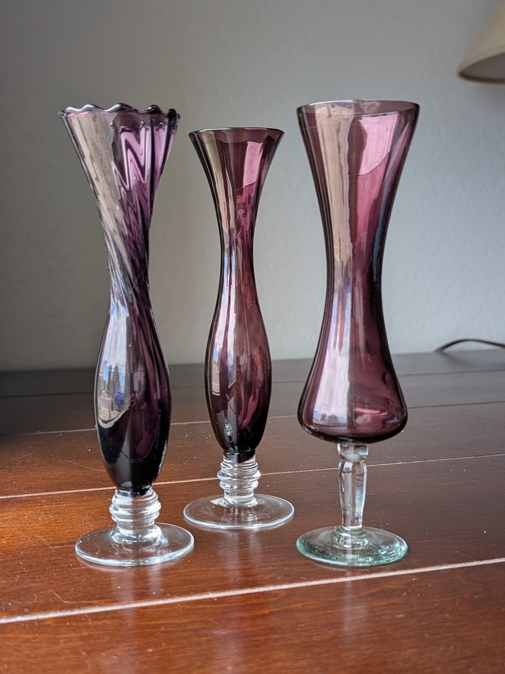 Vintage 1960s Purple Glass Bud Vases Elegant MCM 8 Inches Lot Of 3